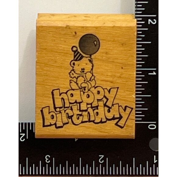 RARE LEIGH'S WISHING WELL HAPPY BIRTHDAY BEAR WOOD MOUNTED RUBBER STAMP HAWAII - Picture 2 of 6